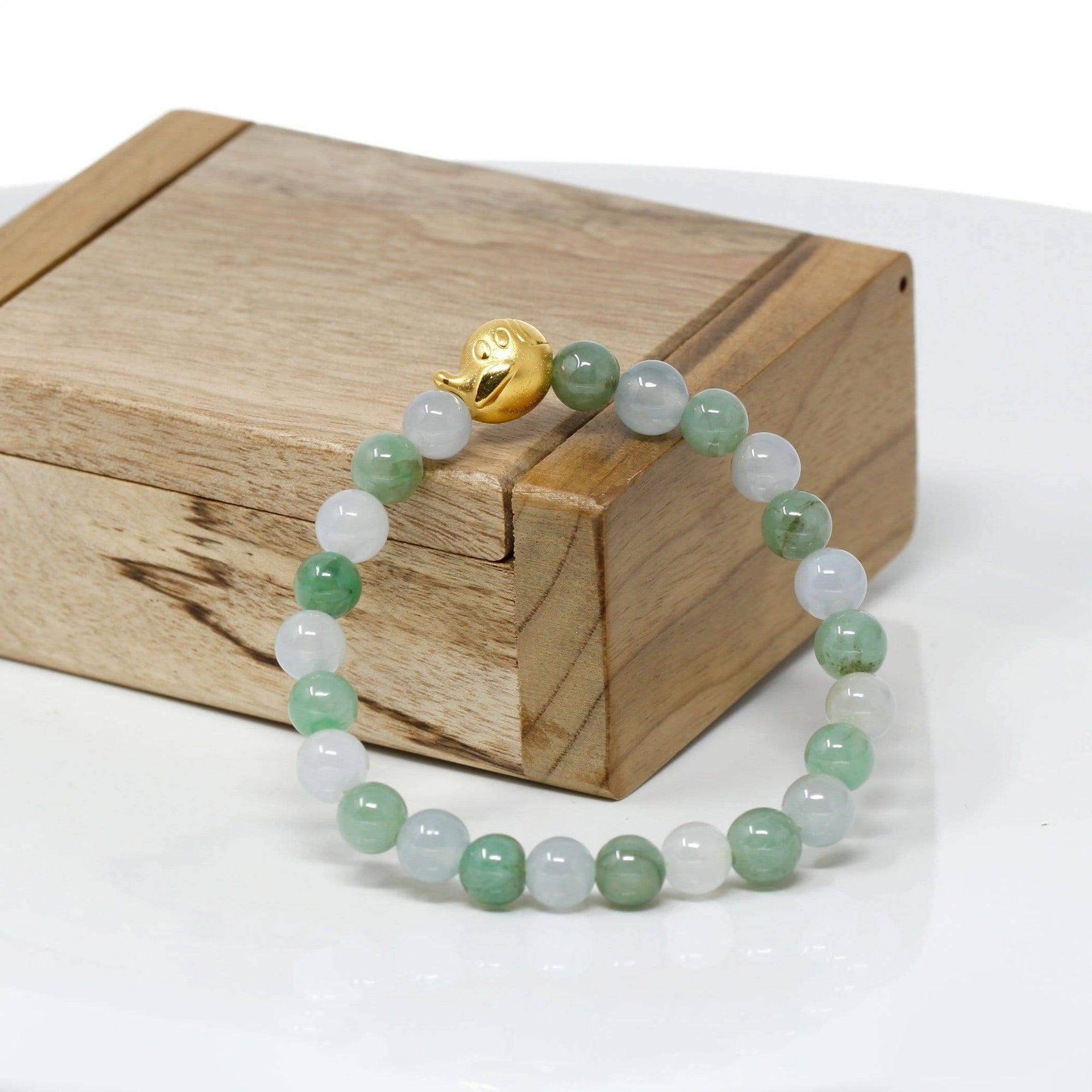 Baikalla Jewelry 24k Gold Jadeite Beads Bracelet Genuine High-quality Jade Jadeite Bracelet Bangle with 24k Yellow Gold Duck Charm 