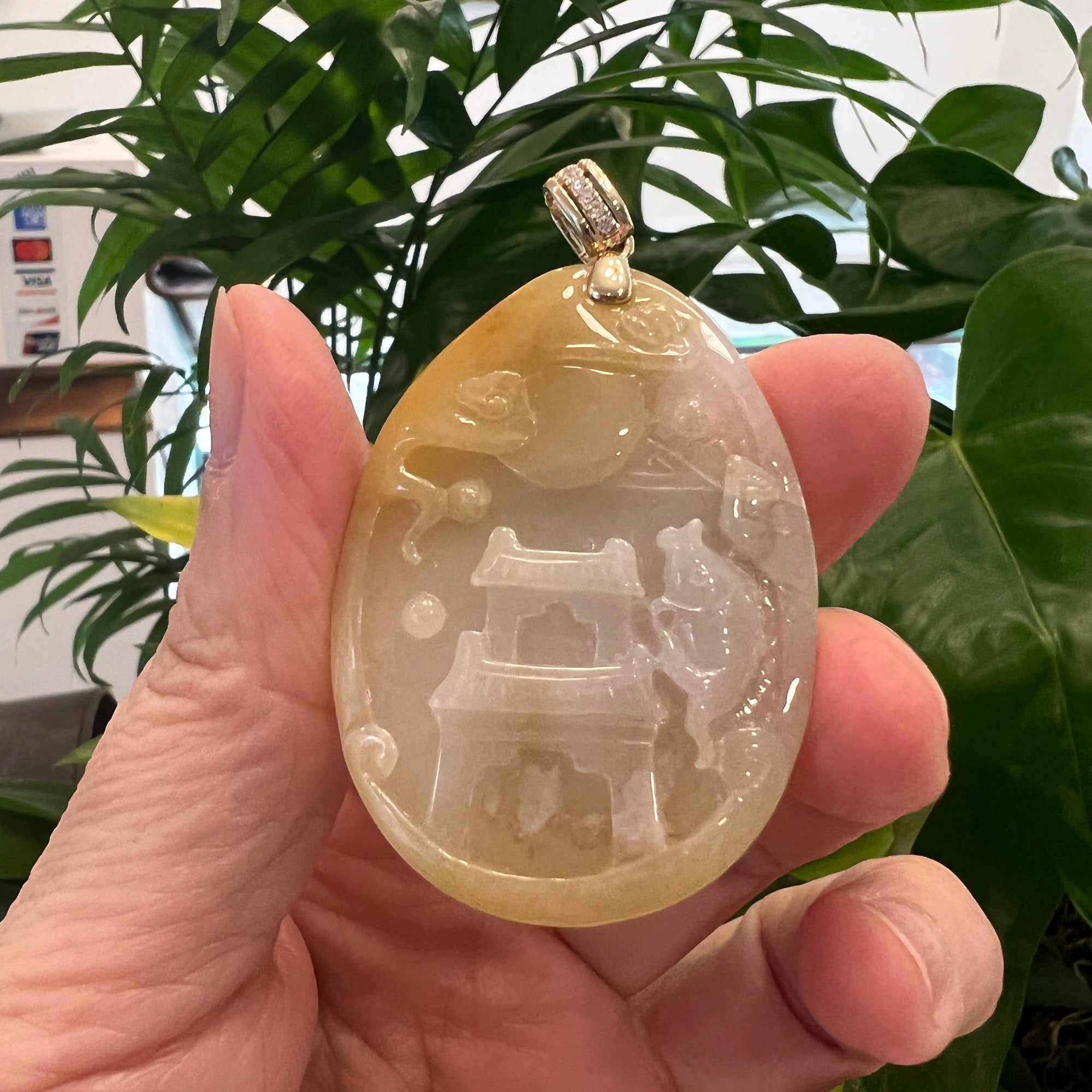 Baikalla Jewelry Jade Guanyin Pendant Necklace Genuine Yellow White Jadeite Jade &quot;Happiness in front of your eyes&quot; Fu Zai Yan Qian Pendant Necklace With 14K White Gold Bail