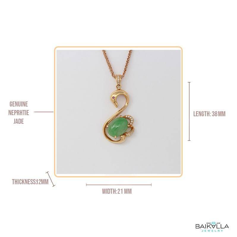 Baikalla Jewelry Gold Jadeite Necklace Baikalla™ "Love Swan" 18k Rose Gold Genuine Burmese Imperial Jadeite Swan Pendant Necklace With AA Ruby & SI Diamonds