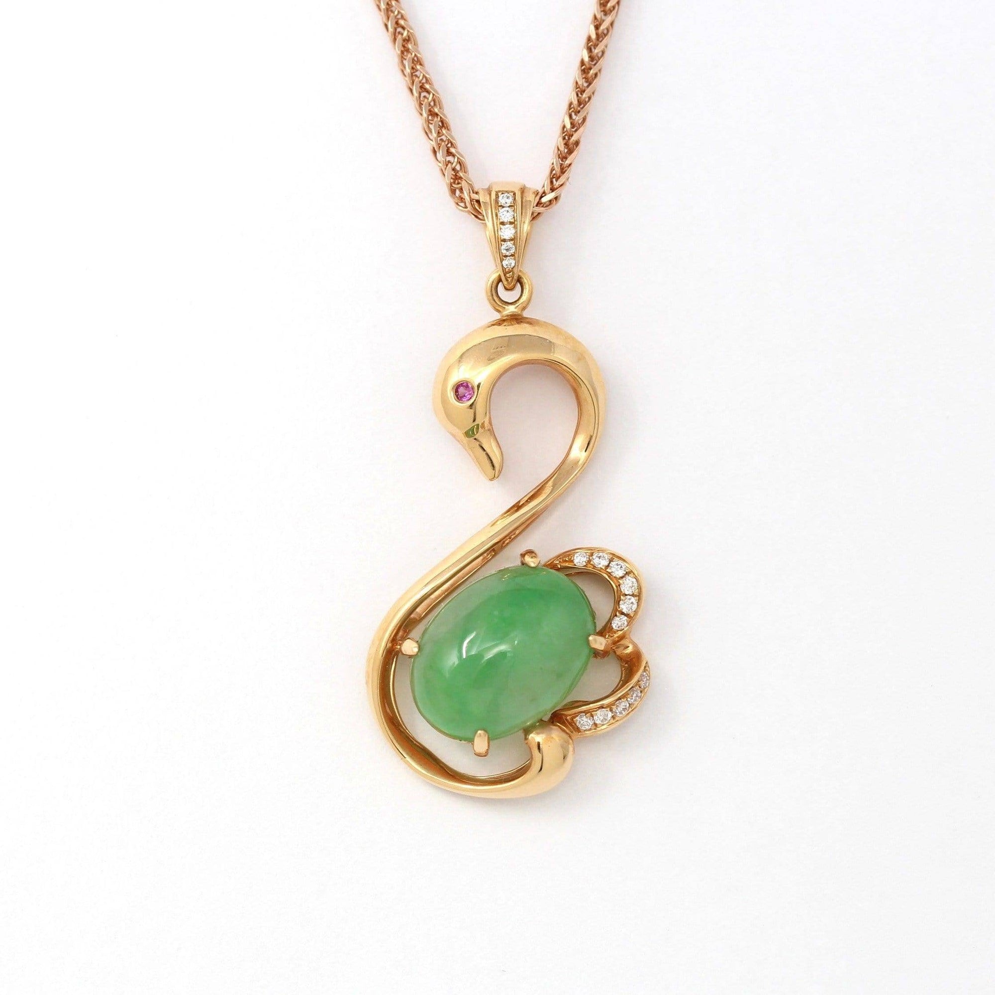 Baikalla Jewelry Gold Jadeite Necklace Baikalla™ &quot;Love Swan&quot; 18k Rose Gold Genuine Burmese Imperial Jadeite Swan Pendant Necklace With AA Ruby &amp; SI Diamonds