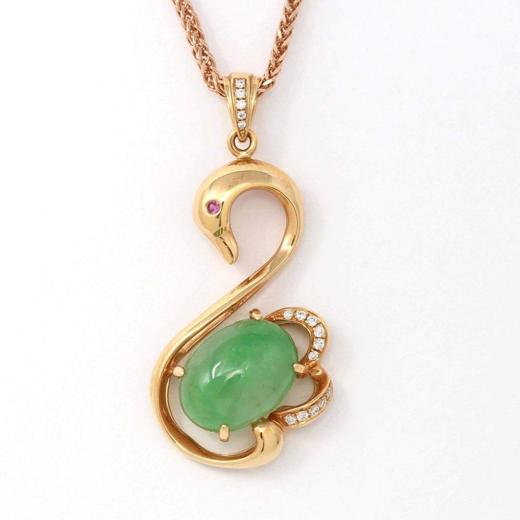 Baikalla Jewelry Gold Jadeite Necklace Baikalla™ "Love Swan" 18k Rose Gold Genuine Burmese Imperial Jadeite Swan Pendant Necklace With AA Ruby & SI Diamonds