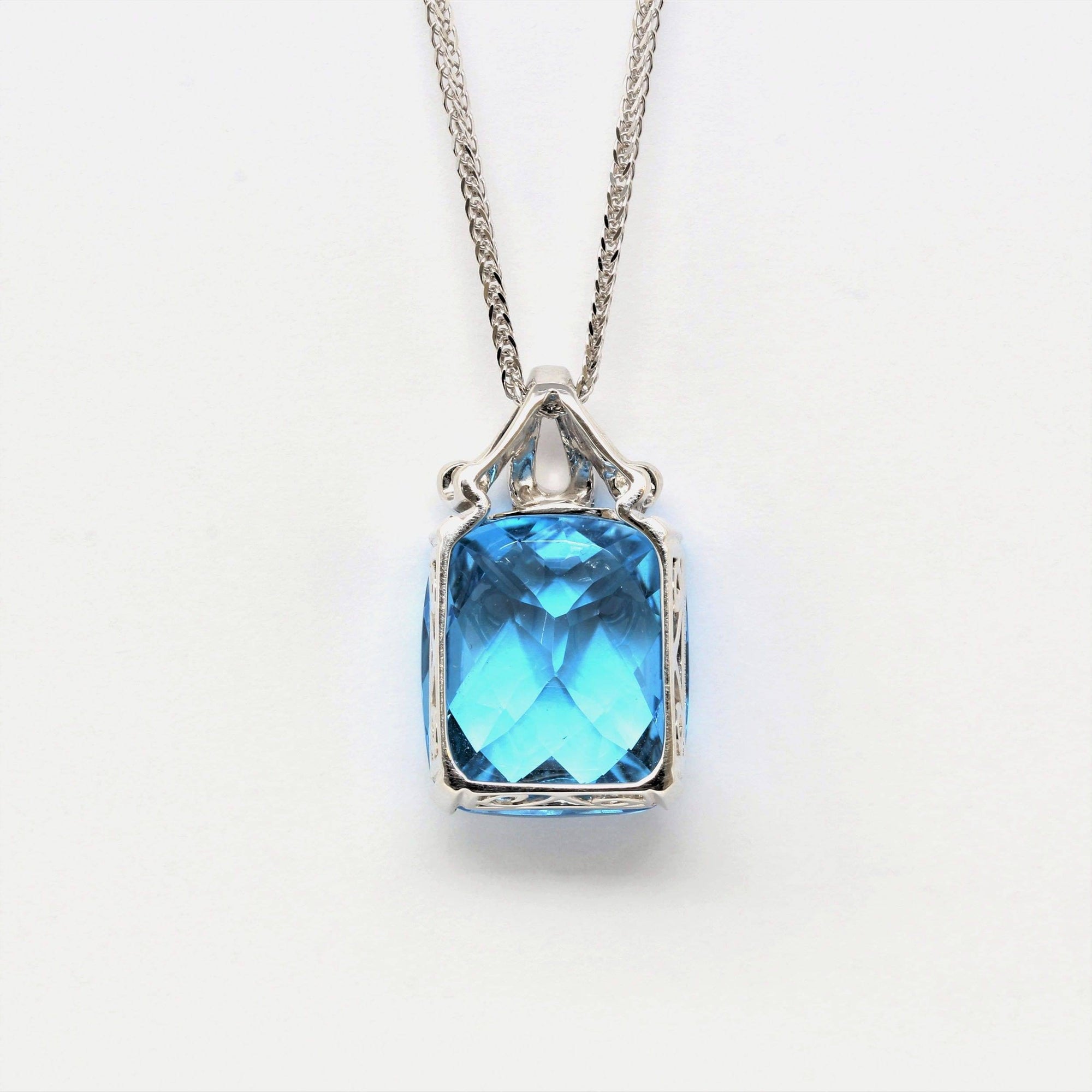 Baikalla Jewelry gemstone jewelry 18k White Gold Genuine Swiss Blue Topaz & Diamonds Pendant Necklace