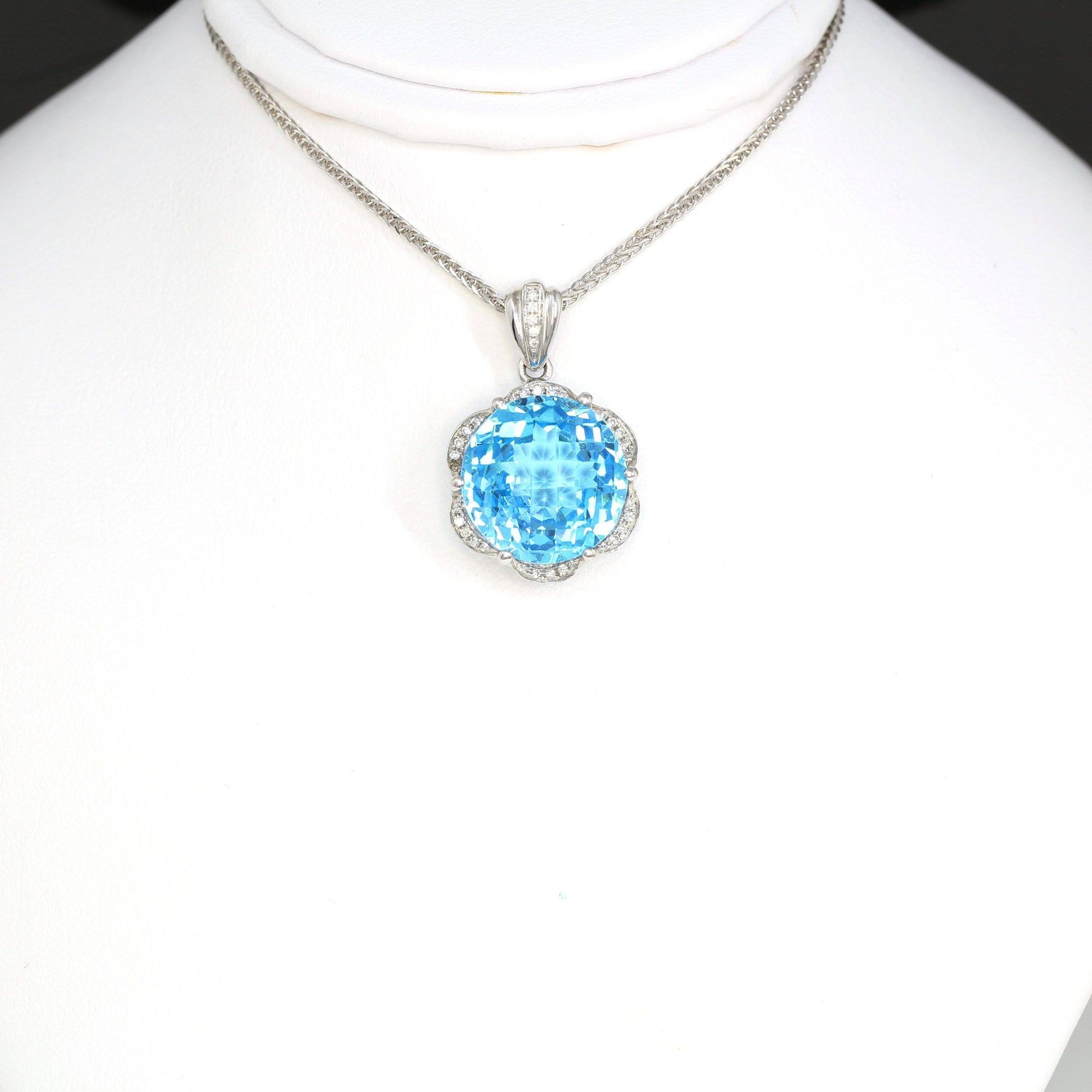 Baikalla Jewelry Gemstone Pendant Necklace 18k White Gold Genuine Swiss Blue Topaz & Diamonds Pendant Necklace