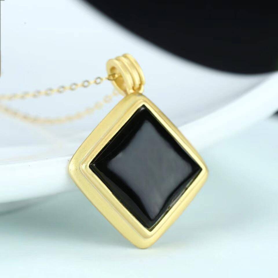 Baikalla Jewelry Silver Jade Pendant Necklace Baikalla™ Sterling Silver Real Black Nephrite Jade Classic Square Pendant Necklace