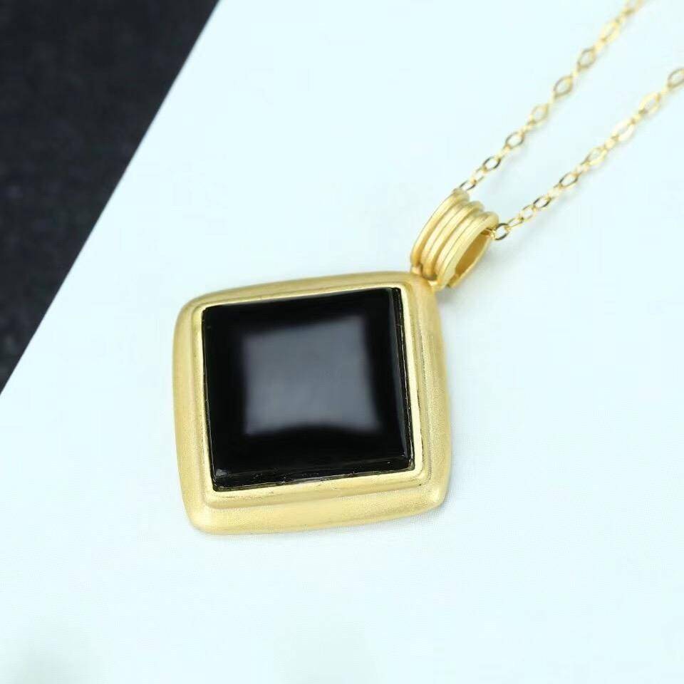 Baikalla Jewelry Silver Jade Pendant Necklace Baikalla™ Sterling Silver Real Black Nephrite Jade Classic Square Pendant Necklace