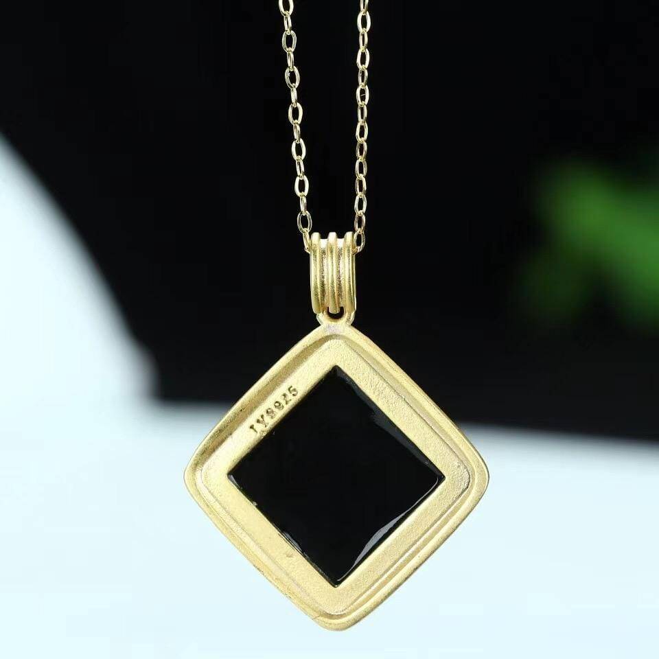 Baikalla Jewelry Silver Jade Pendant Necklace Baikalla™ Sterling Silver Real Black Nephrite Jade Classic Square Pendant Necklace