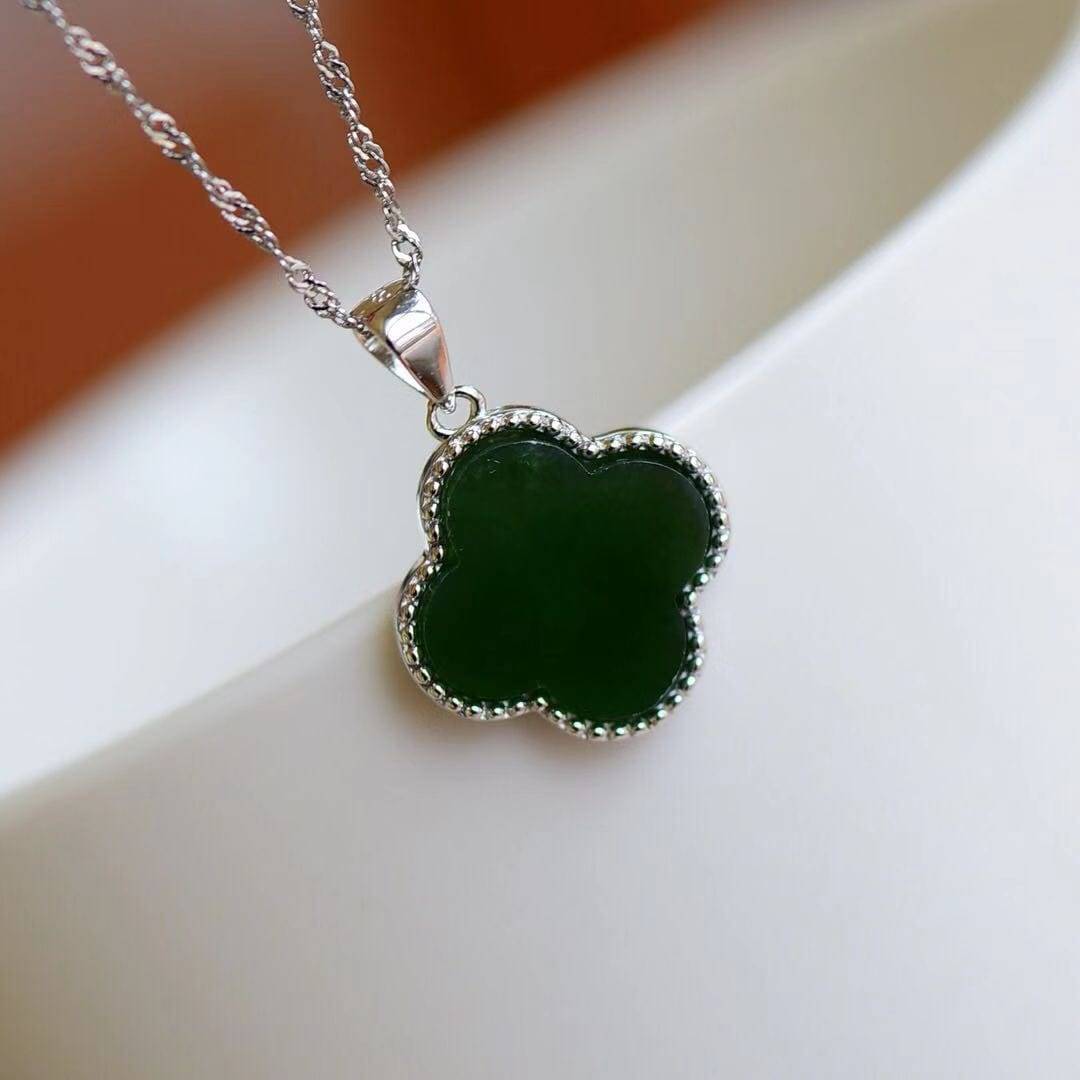 Baikalla Jewelry Silver Jade Pendant Necklace Baikalla™ Sterling Silver Real Green Nephrite Jade Lucky Four Leaf Pendant Necklace