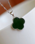 Baikalla Jewelry Silver Jade Pendant Necklace Baikalla™ Sterling Silver Real Green Nephrite Jade Lucky Four Leaf Pendant Necklace