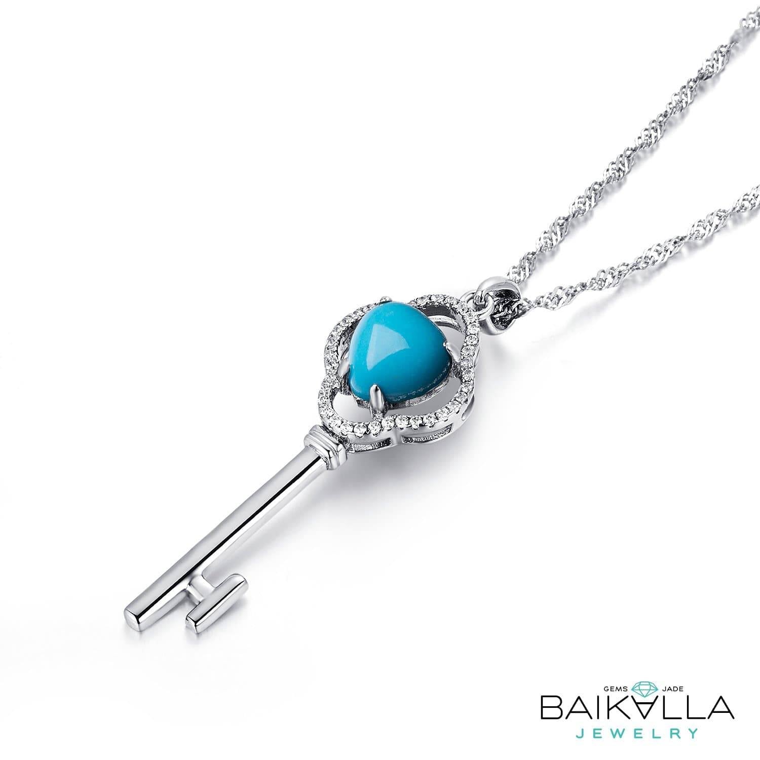 Baikalla Jewelry Silver Gemstone Necklace Baikalla™ "The key to my heart" Sterling Silver Genuine Persian Blue Arizona Turquoise Baikalla Key Pendant Necklace with CZ