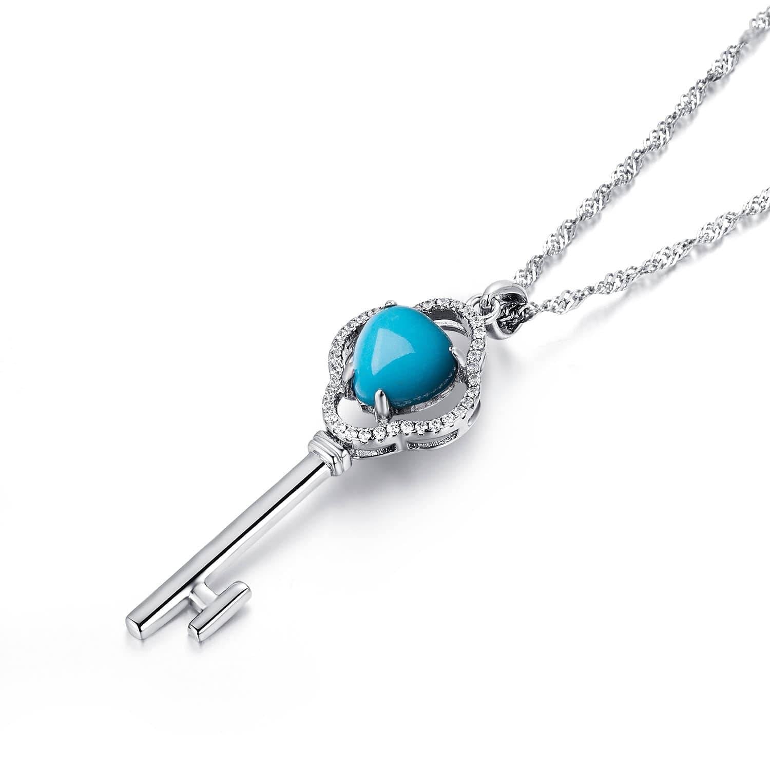 Baikalla Jewelry Silver Gemstone Necklace Baikalla™ &quot;The key to my heart&quot; Sterling Silver Genuine Persian Blue Arizona Turquoise Baikalla Key Pendant Necklace with CZ