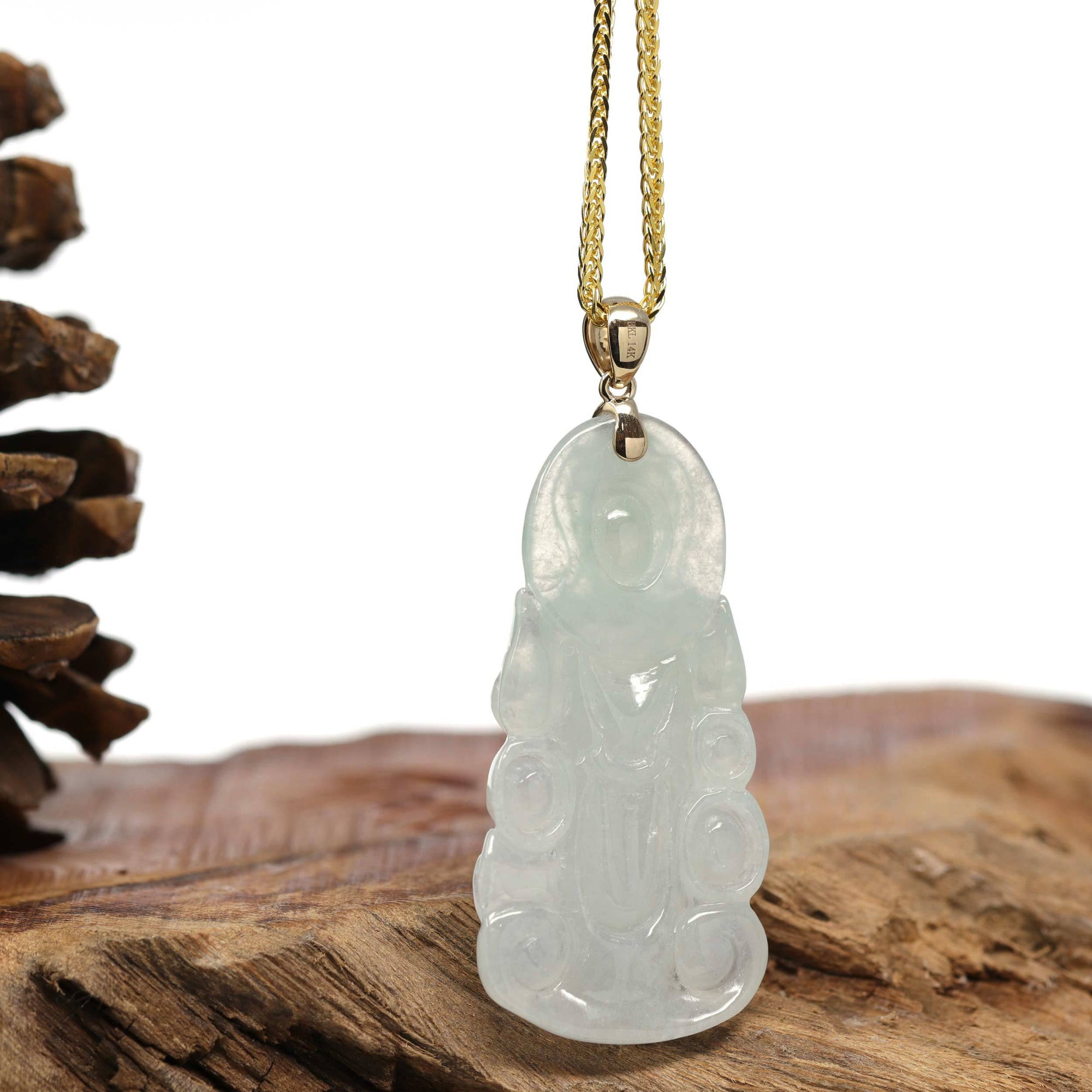 Baikalla Jewelry Jade Pendant Necklace Nylon String Necklace Baikalla 14k "Goddess of Compassion" Guan Yin Genuine Burmese Jadeite Jade Necklace With Bail