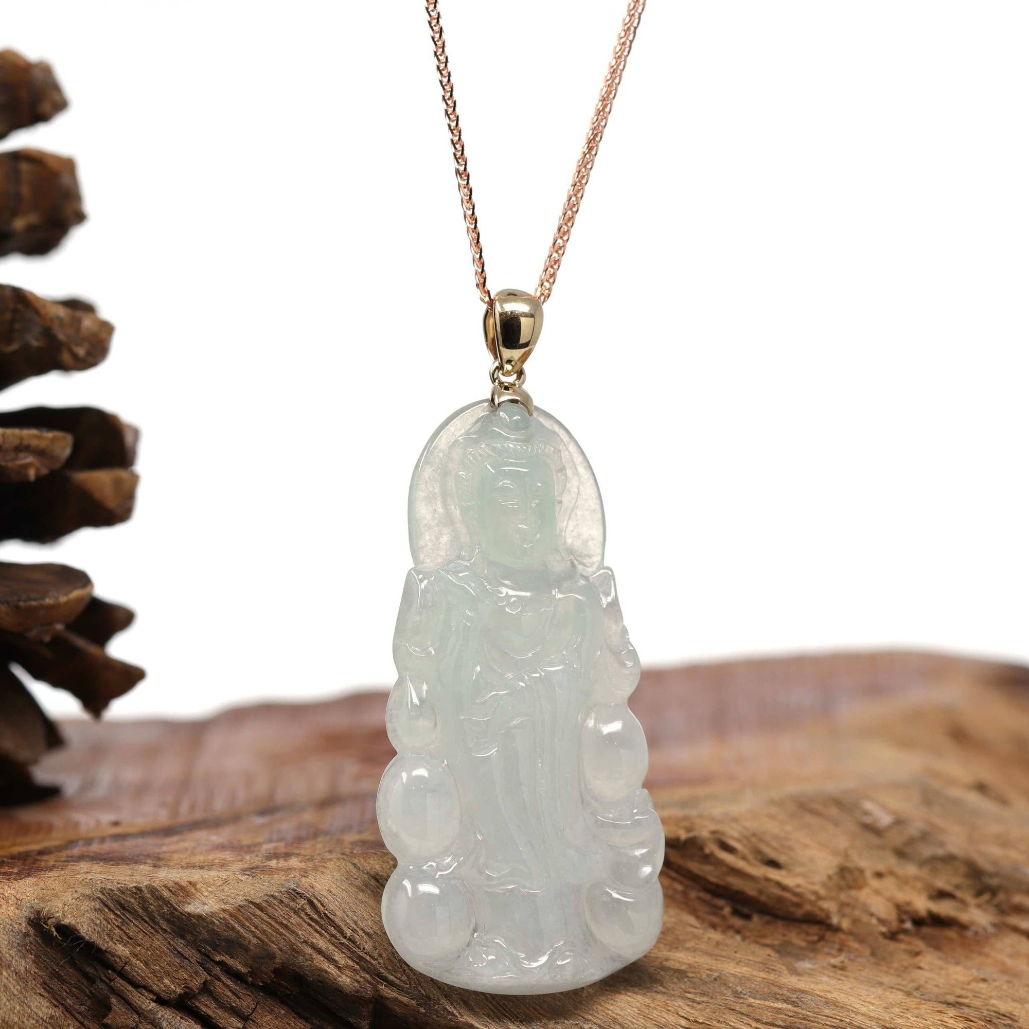 Baikalla Jewelry Jade Pendant Necklace 14K Gold Wheat Chain Baikalla 14k "Goddess of Compassion" Guan Yin Genuine Burmese Jadeite Jade Necklace With Bail