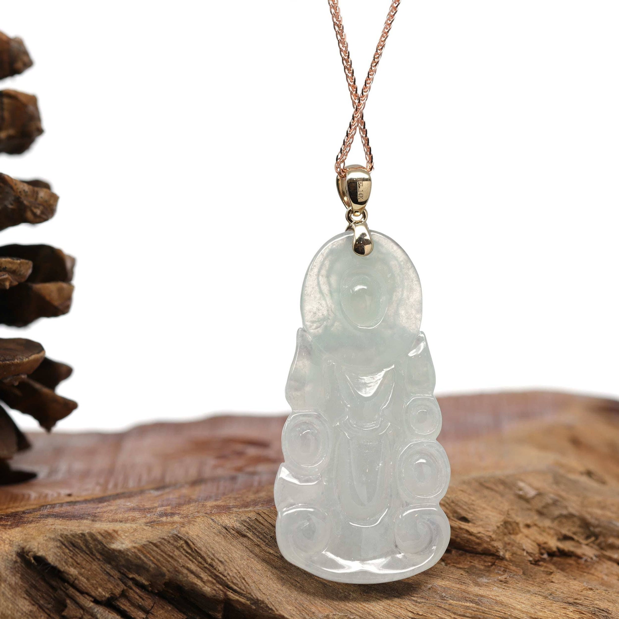 Baikalla Jewelry Jade Pendant Necklace Baikalla 14k "Goddess of Compassion" Guan Yin Genuine Burmese Jadeite Jade Necklace With Bail