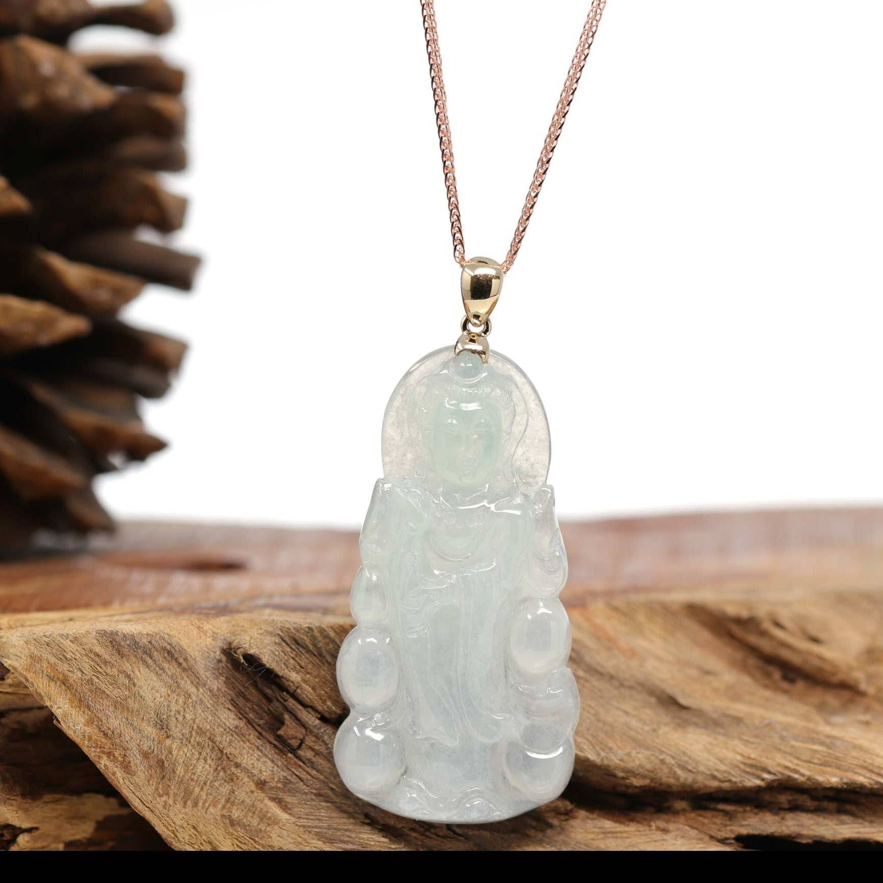 Baikalla Jewelry Jade Pendant Necklace Gold Plated Silver Chain Baikalla 14k "Goddess of Compassion" Guan Yin Genuine Burmese Jadeite Jade Necklace With Bail