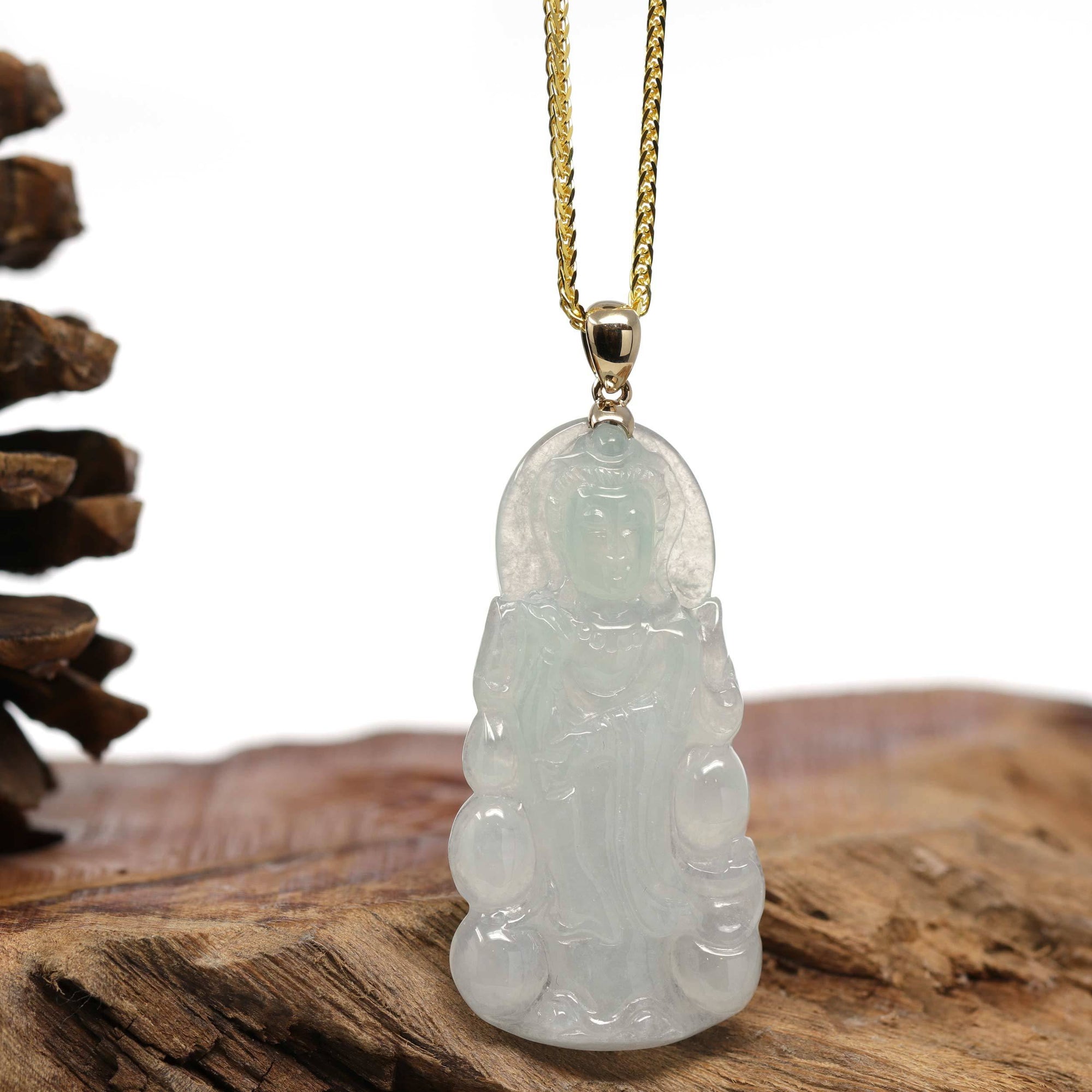 Baikalla Jewelry Jade Pendant Necklace Baikalla 14k "Goddess of Compassion" Guan Yin Genuine Burmese Jadeite Jade Necklace With Bail