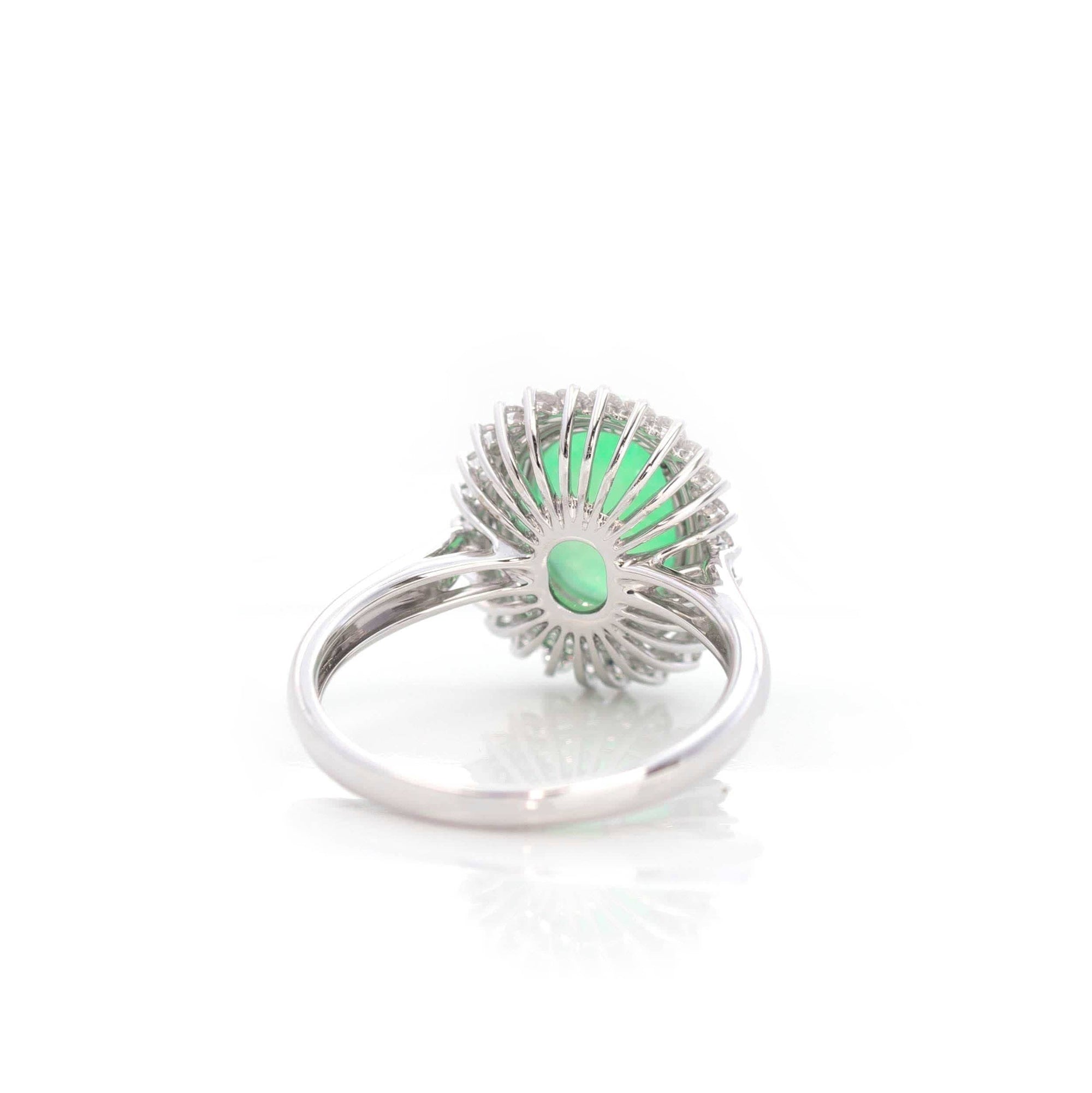 Baikalla Jewelry Jadeite Engagement Ring Baikalla™ &quot;Classic Double Halo&quot; 18k White Gold Natural 3.445ct cabochon Green Jadeite Engagement Ring With 1/2 ct Diamonds