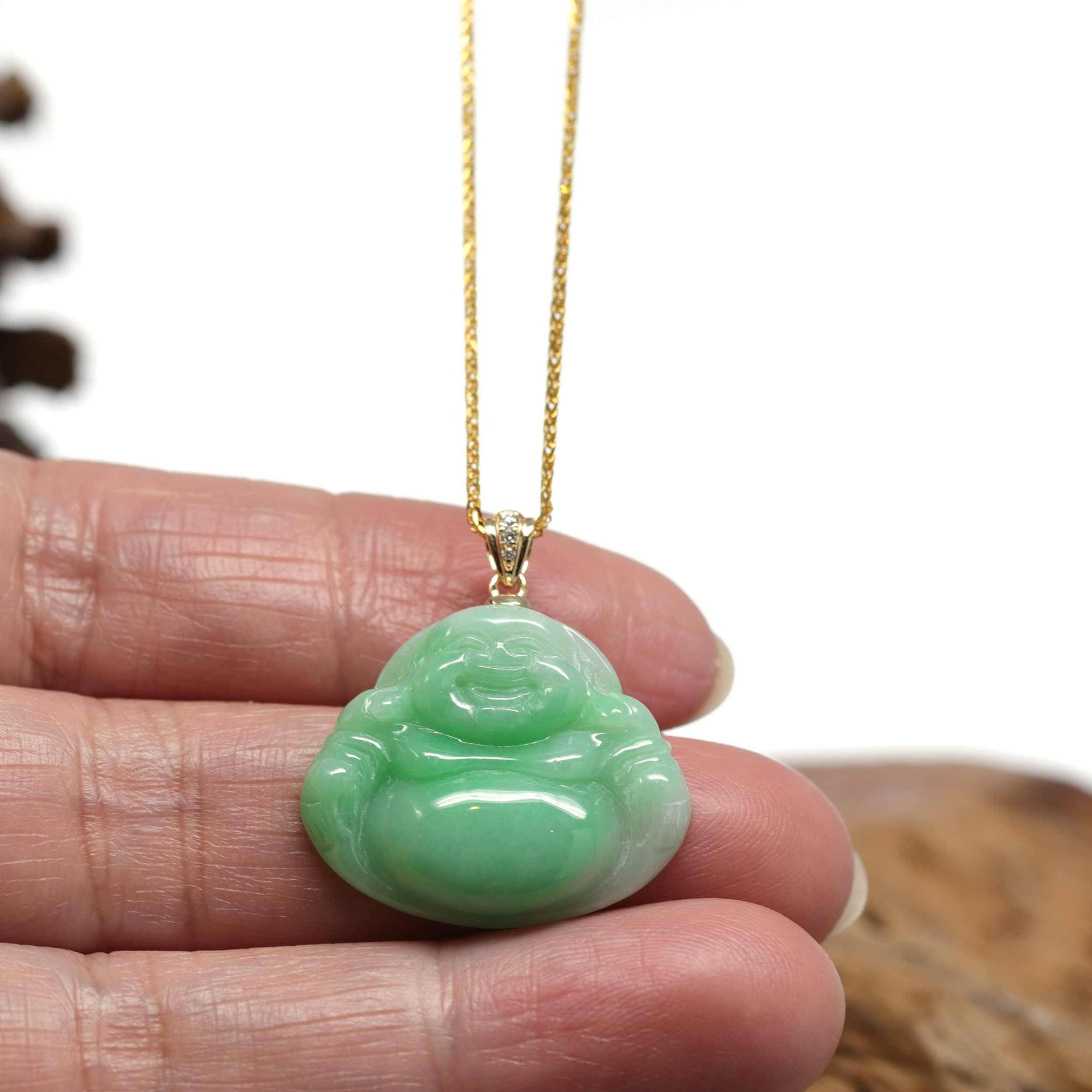 Baikalla Jewelry Jade Buddha Pendant Baikalla™ "Laughing Buddha" Genuine Green Jadeite Buddha Pendant Necklace With 14k Yellow Gold Diamond Bail