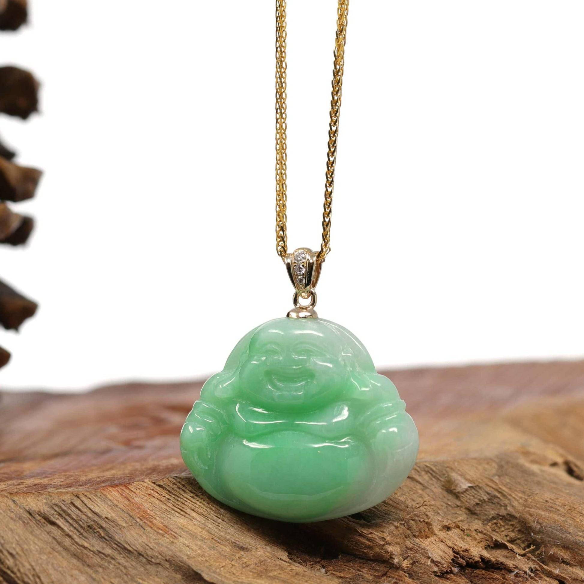 Baikalla Jewelry Jade Buddha Pendant 14K Yellow Wheat Chain Baikalla™ "Laughing Buddha" Genuine Green Jadeite Buddha Pendant Necklace With 14k Yellow Gold Diamond Bail