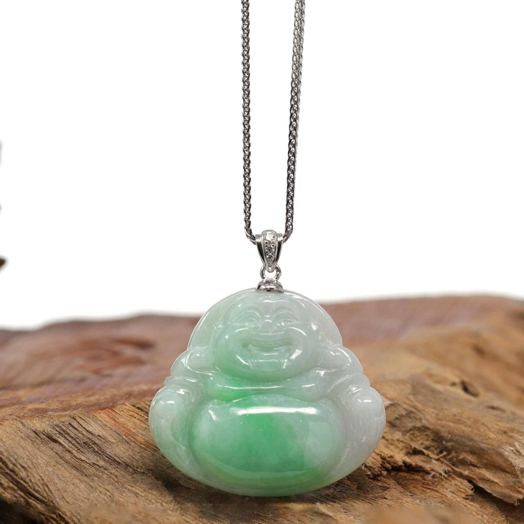 Baikalla Jewelry Jade Buddha Pendant Pendant Only Baikalla™ &quot;Laughing Buddha&quot; Genuine Green Jadeite Buddha Pendant Necklace With 14k White Gold Diamond Bail