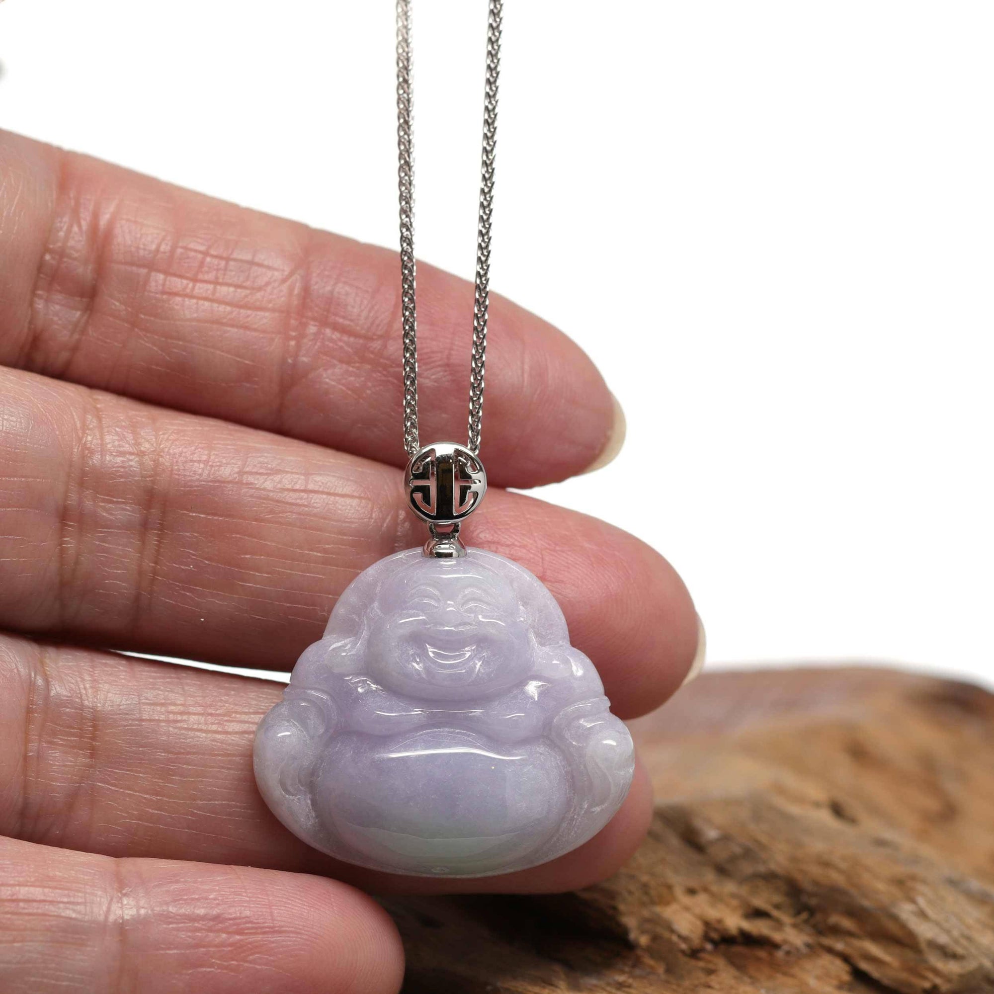 Baikalla Jewelry Jade Buddha Pendant Baikalla™ &quot;Laughing Buddha&quot; Genuine Lavender Jadeite Buddha Pendant Necklace With 14k White Gold Buddha Symbol Bail