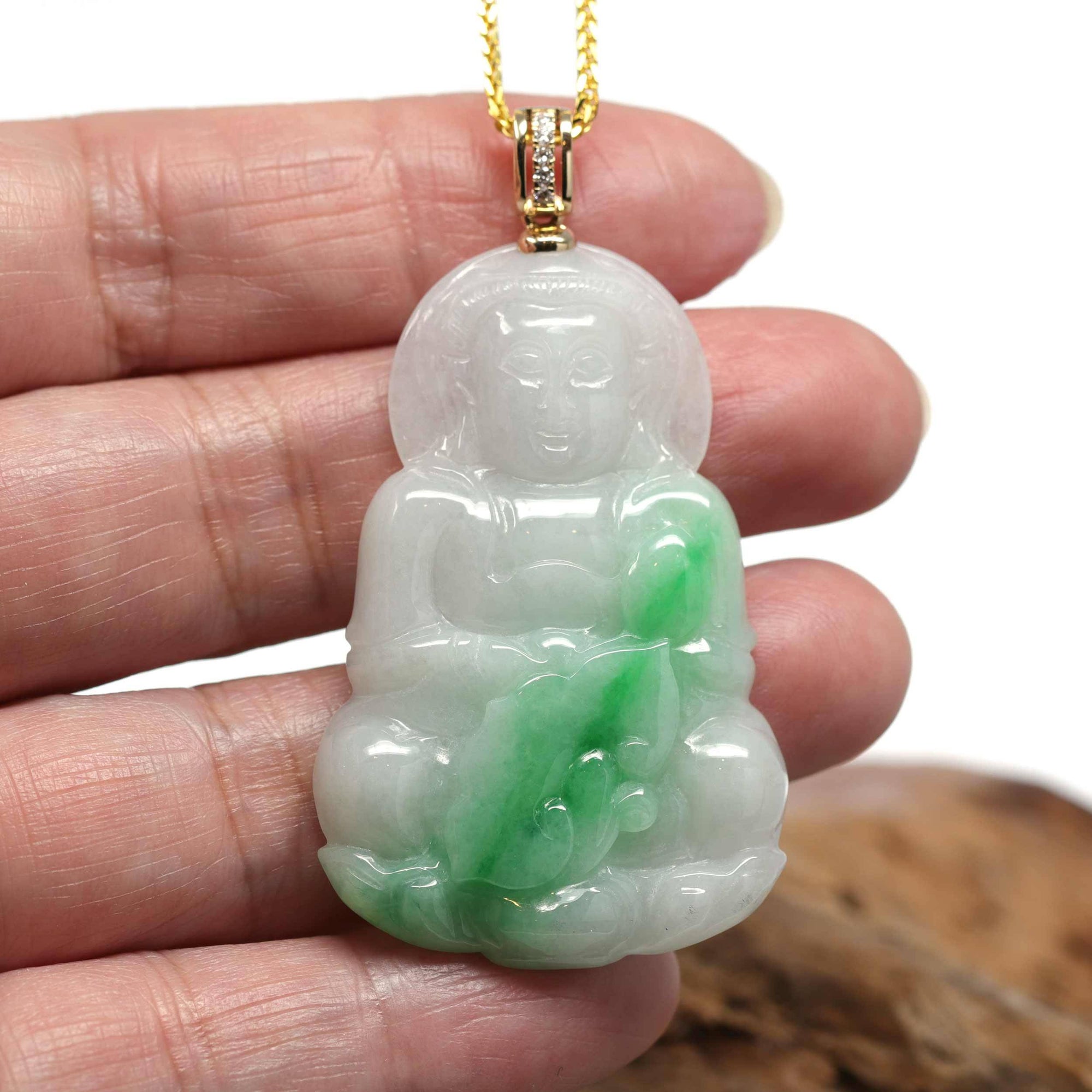 Baikalla Jewelry Jade Guanyin Pendant Necklace Baikalla 14k "Goddess of Compassion" Genuine Burmese Jadeite Jade Guanyin Necklace With Diamond Bail