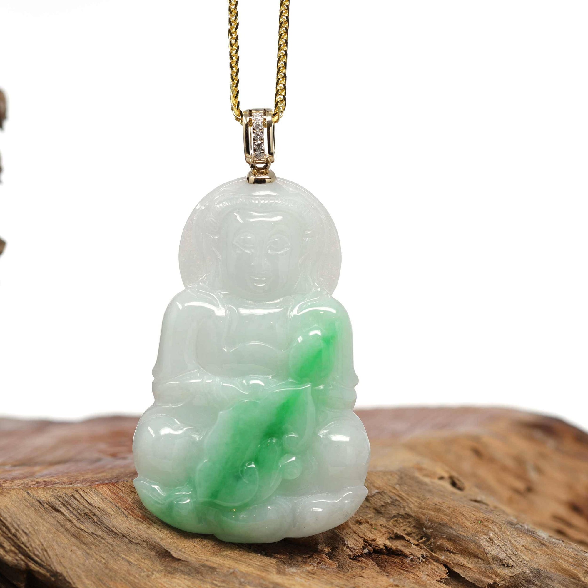 Baikalla Jewelry Jade Guanyin Pendant Necklace Baikalla 14k "Goddess of Compassion" Genuine Burmese Jadeite Jade Guanyin Necklace With Diamond Bail