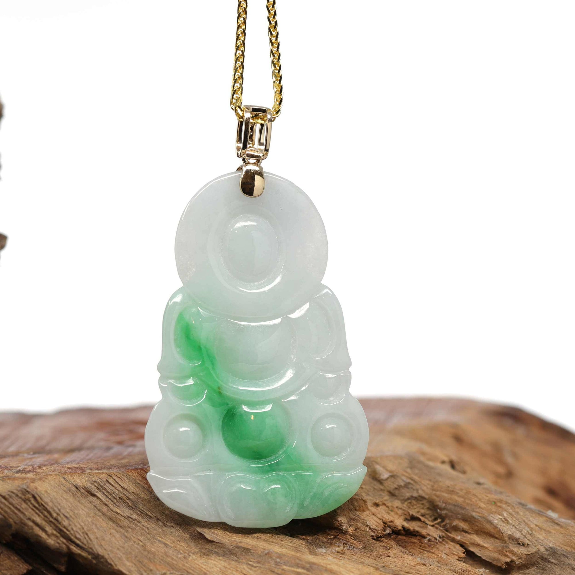 Baikalla Jewelry Jade Guanyin Pendant Necklace Baikalla 14k "Goddess of Compassion" Genuine Burmese Jadeite Jade Guanyin Necklace With Diamond Bail