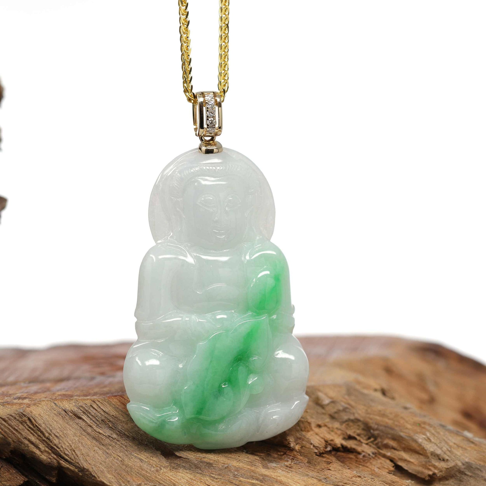 Baikalla Jewelry Jade Guanyin Pendant Necklace Nylon String Necklace Baikalla 14k "Goddess of Compassion" Genuine Burmese Jadeite Jade Guanyin Necklace With Diamond Bail