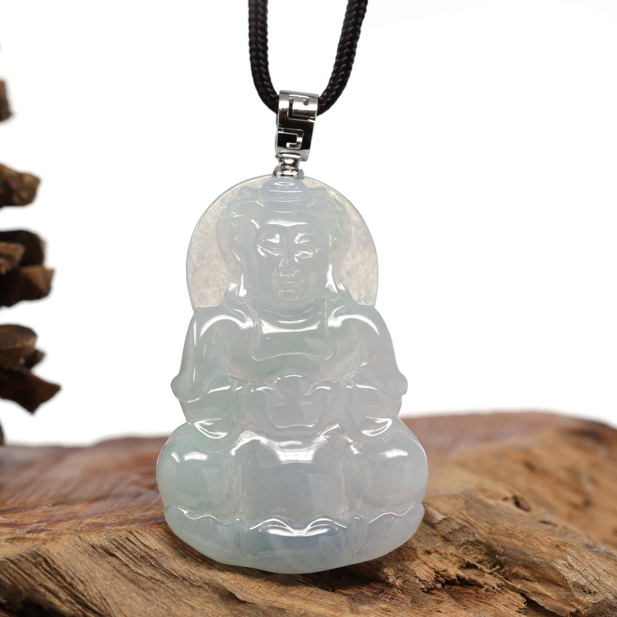 Baikalla Jewelry Jade Guanyin Pendant Necklace Nylon String Necklace Baikalla &quot;Goddess of Compassion&quot; Genuine Burmese Jadeite Jade Guanyin Necklace With Good Luck Design 14K Gold  Bail