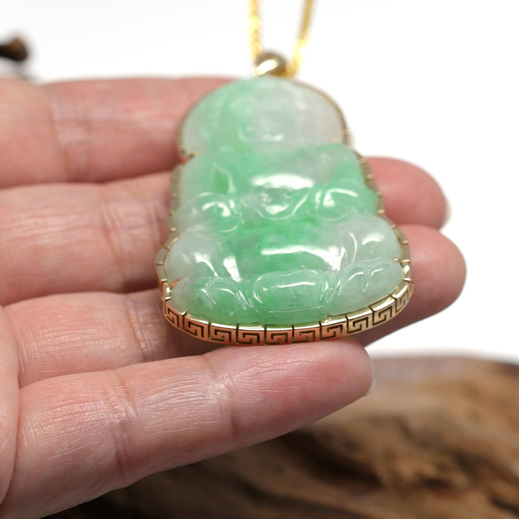 Baikalla Jewelry Jade Guanyin Pendant Necklace &quot;Goddess of Compassion&quot; 14k Yellow Gold Genuine Burmese Jadeite Jade Guanyin Necklace With Good Luck Design