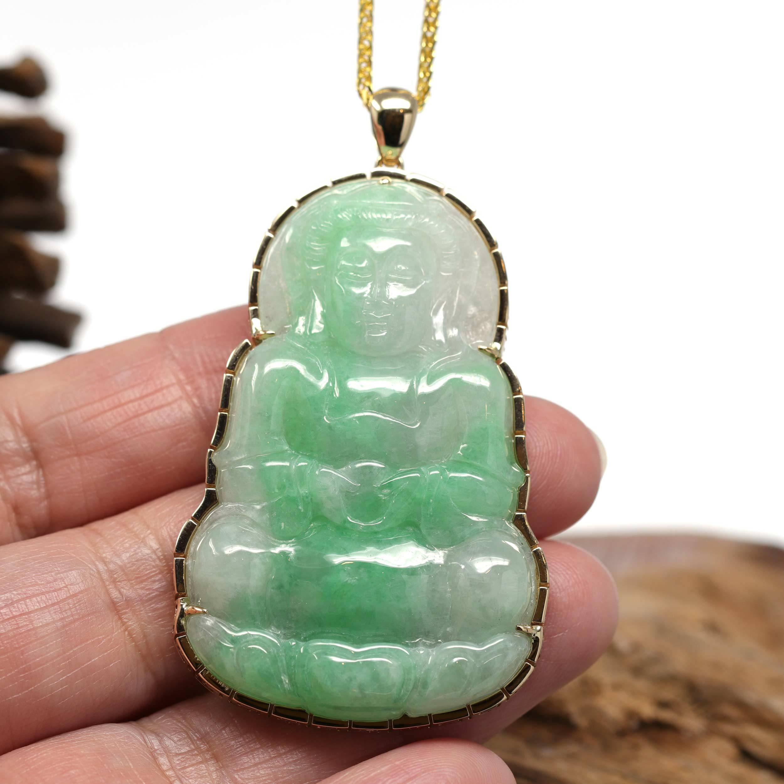 14K Yellow Gold Jadeite Jade Kwan Yin Goddess of Compassion & store Mercy Pendant