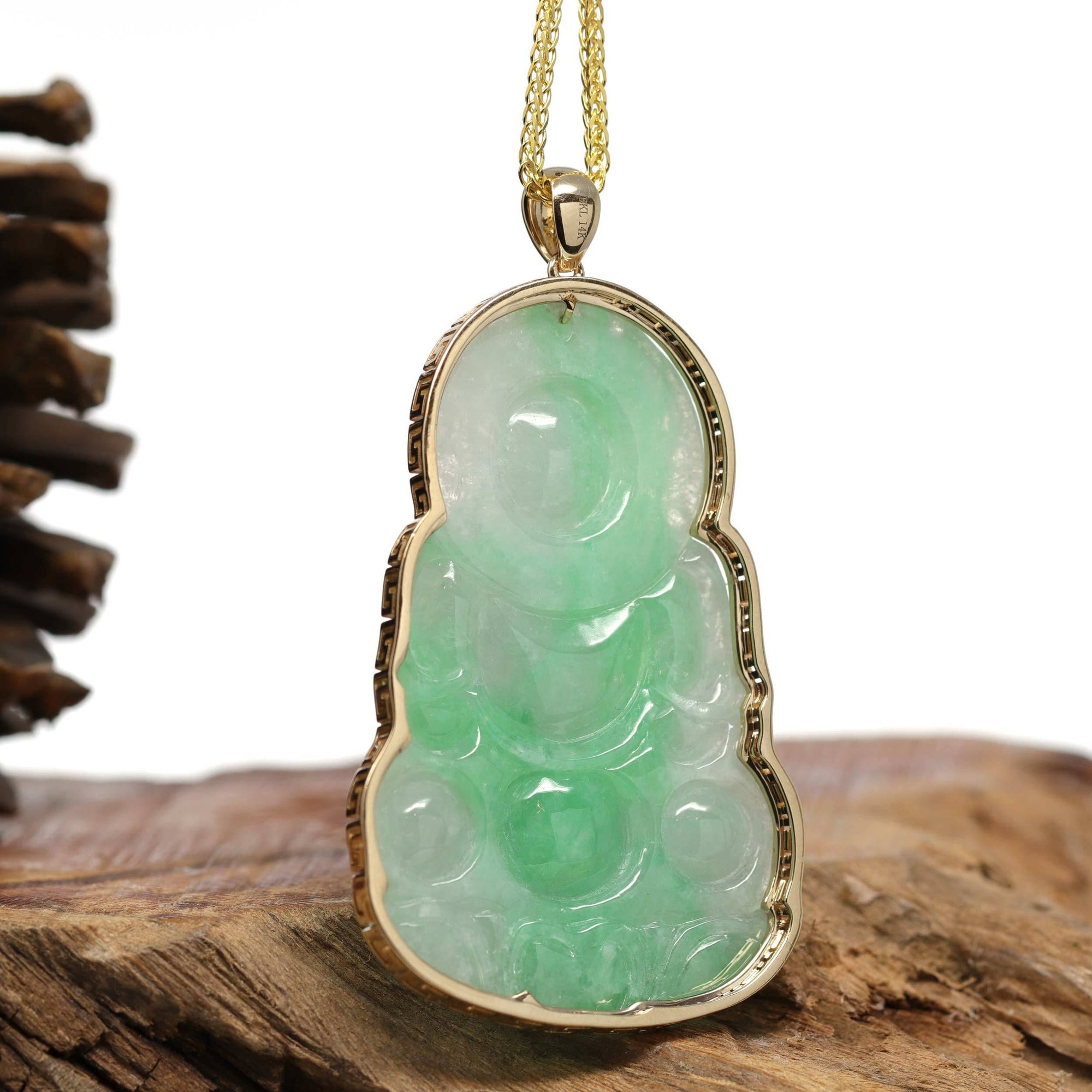 Baikalla Jewelry Jade Guanyin Pendant Necklace &quot;Goddess of Compassion&quot; 14k Yellow Gold Genuine Burmese Jadeite Jade Guanyin Necklace With Good Luck Design