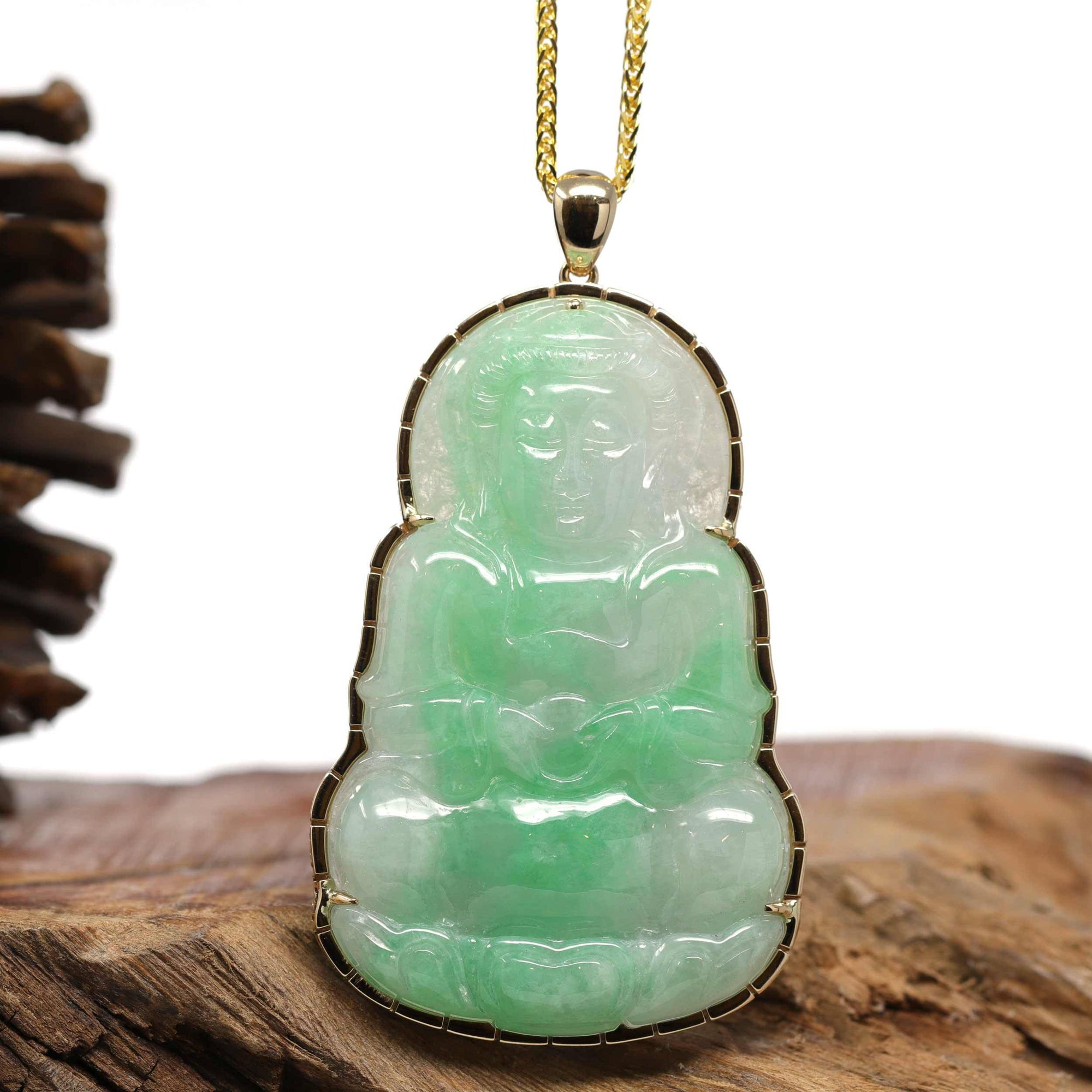 Baikalla Jewelry Jade Guanyin Pendant Necklace Nylon String Necklace &quot;Goddess of Compassion&quot; 14k Yellow Gold Genuine Burmese Jadeite Jade Guanyin Necklace With Good Luck Design