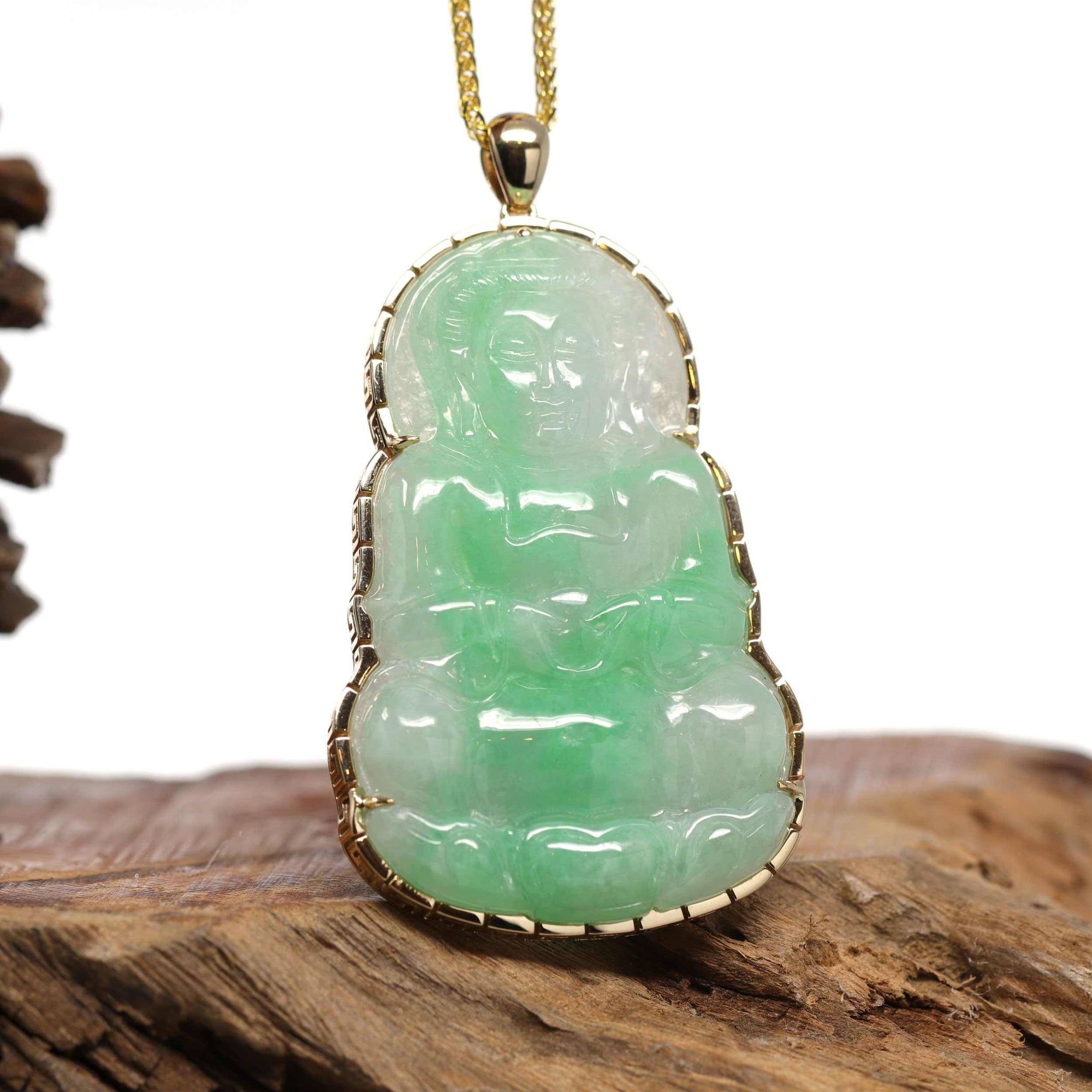 Baikalla Jewelry Jade Guanyin Pendant Necklace &quot;Goddess of Compassion&quot; 14k Yellow Gold Genuine Burmese Jadeite Jade Guanyin Necklace With Good Luck Design