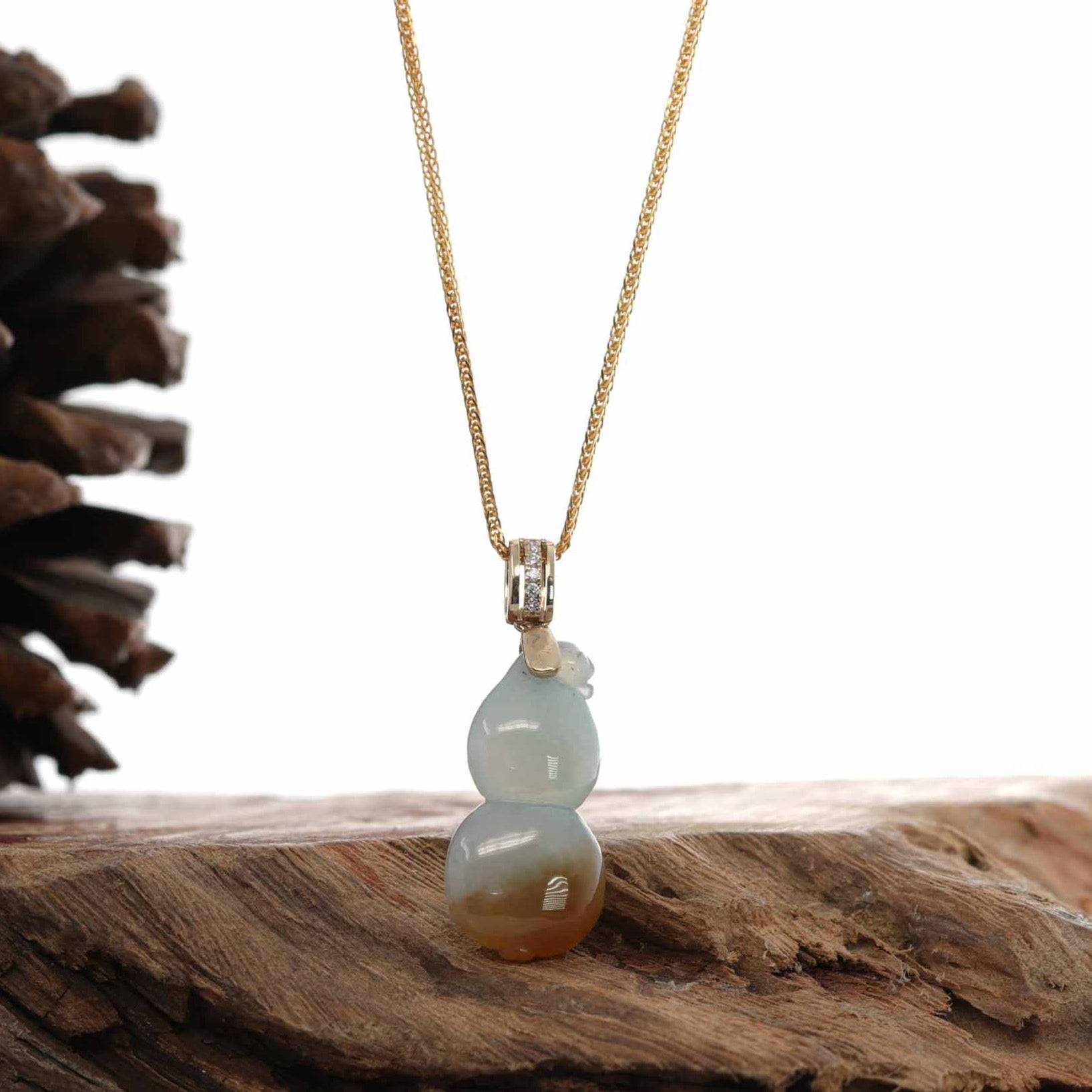 Baikalla Jewelry Jade Pendant 14K Yellow Gold Jadeite Jade Good Luck Hulu Bottle Gourd Necklace With Diamonds