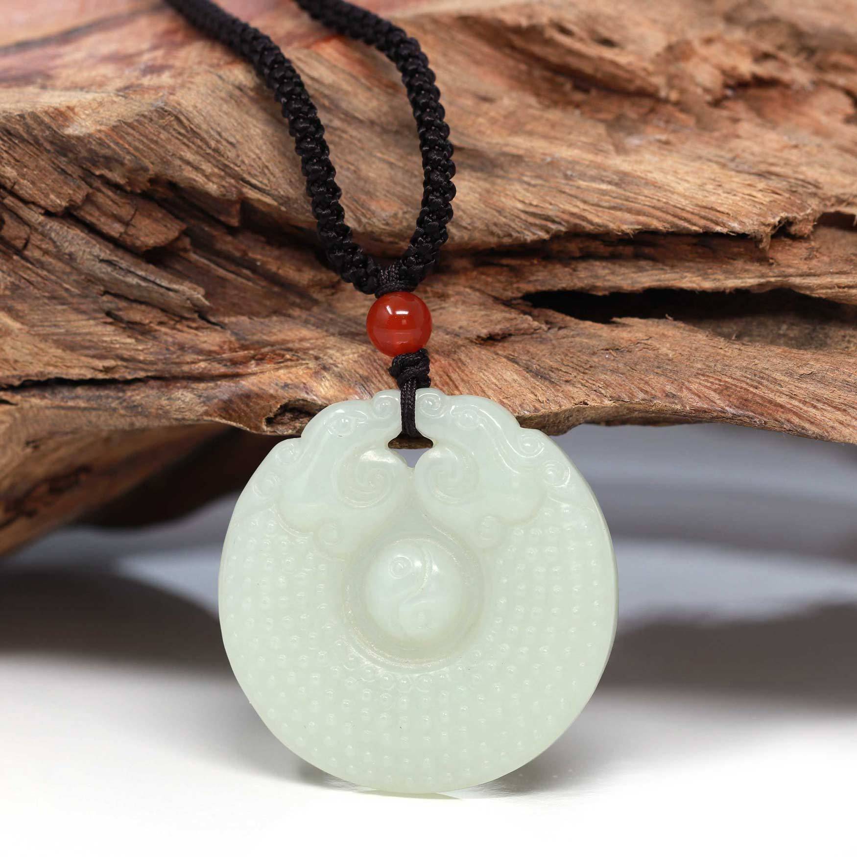 Baikalla Jewelry Jade Pendant Necklace Baikalla™ &quot;Double Lucky Dragon&quot; Genuine HeTian White Nephrite Jade Dragon &amp; Yinyang Pendant Necklace