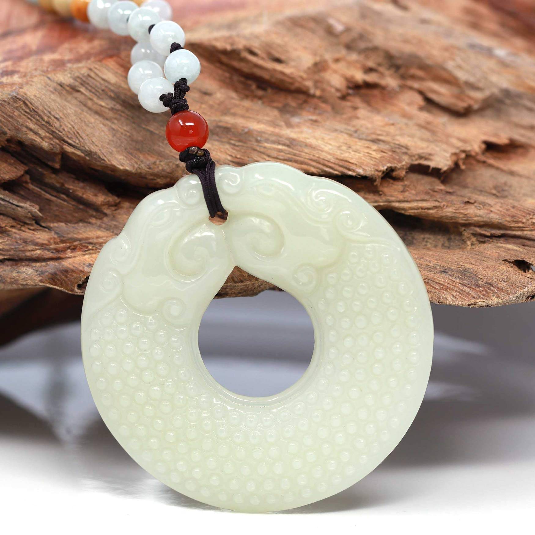 Baikalla Jewelry Jade Pendant Necklace Baikalla™ " Double Dragon Good Fortune" Carving Pendant Necklace Natural White Nephrite Jade