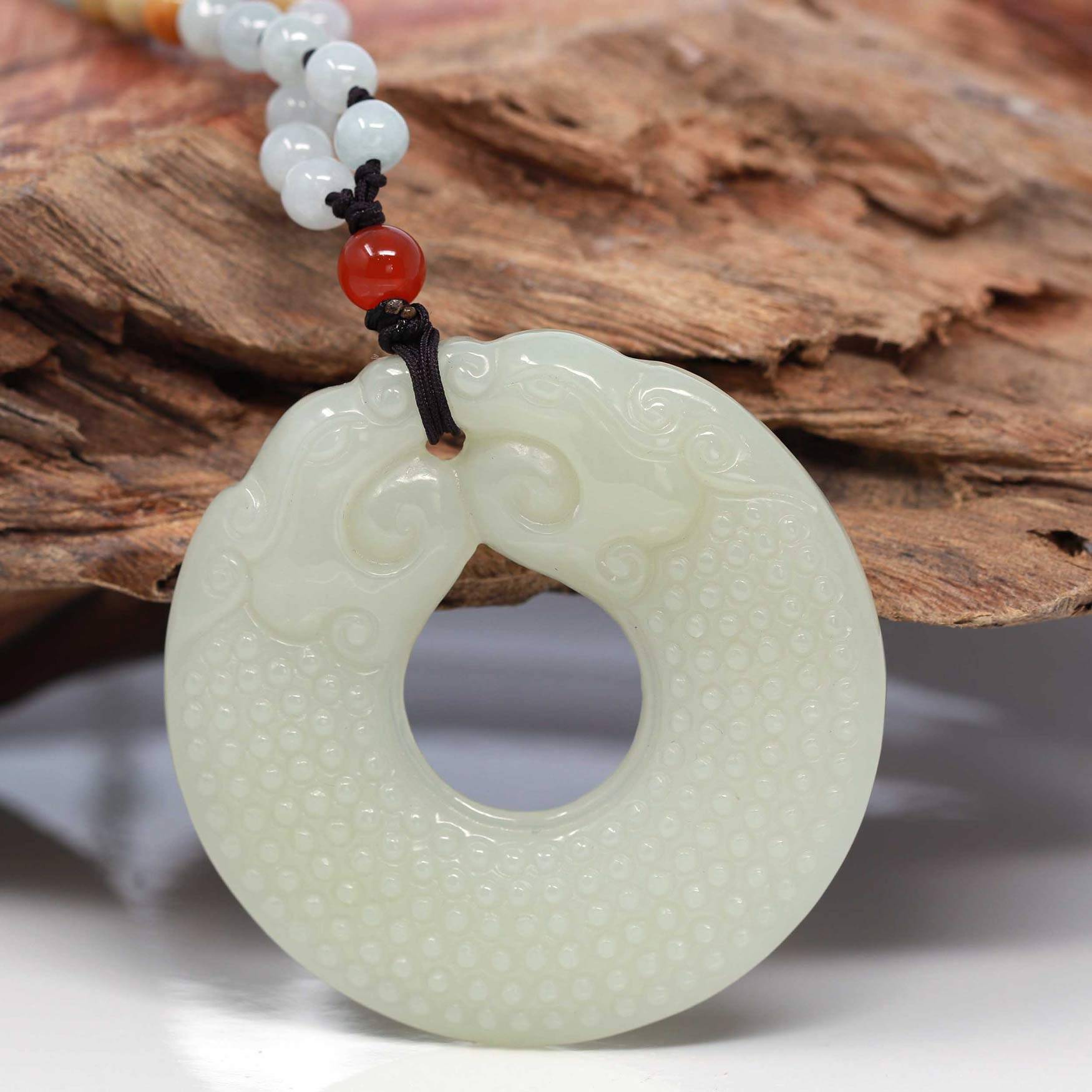 Baikalla Jewelry Jade Pendant Necklace Baikalla™ &quot; Double Dragon Good Fortune&quot; Carving Pendant Necklace Natural White Nephrite Jade