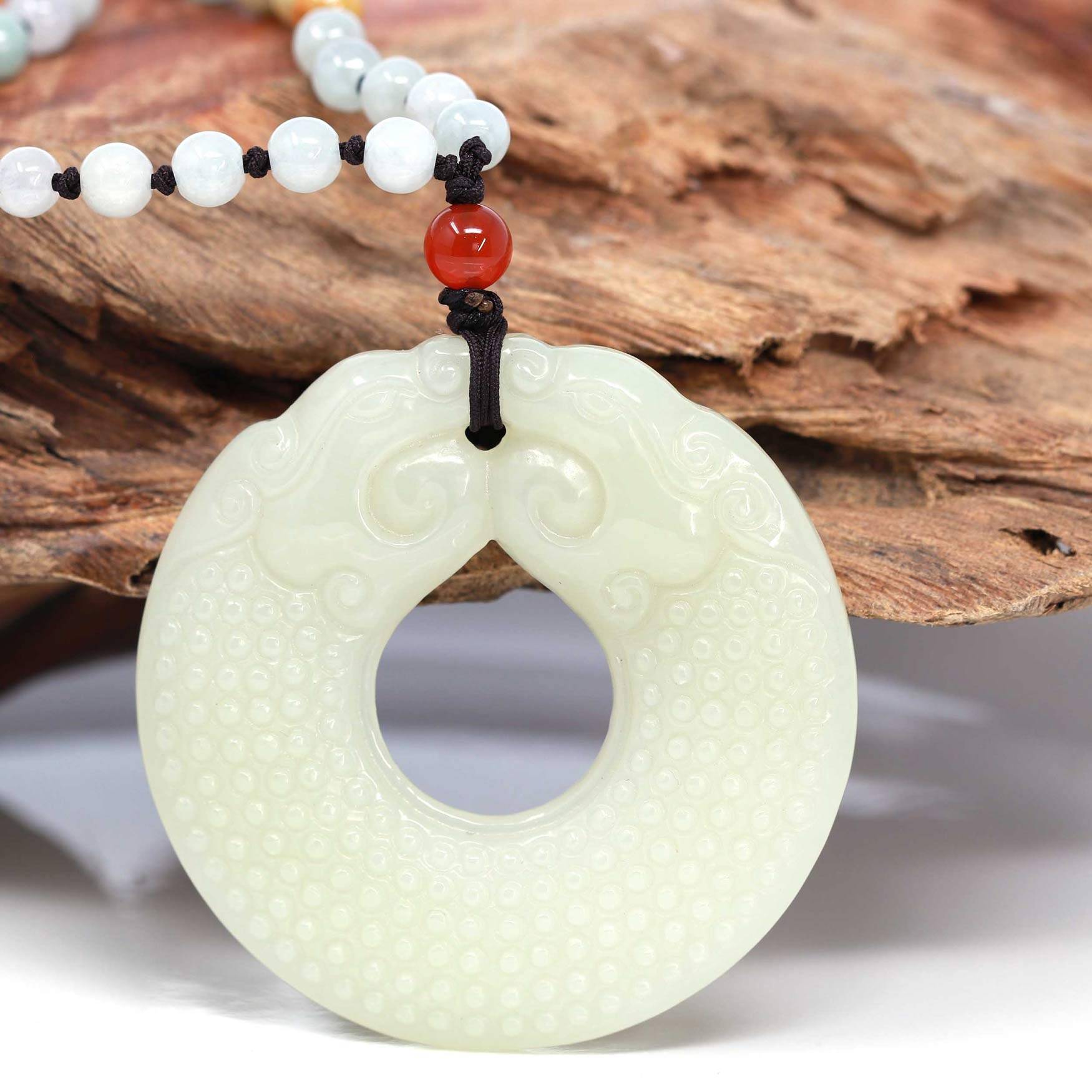 Baikalla Jewelry Jade Pendant Necklace Baikalla™ &quot; Double Dragon Good Fortune&quot; Carving Pendant Necklace Natural White Nephrite Jade