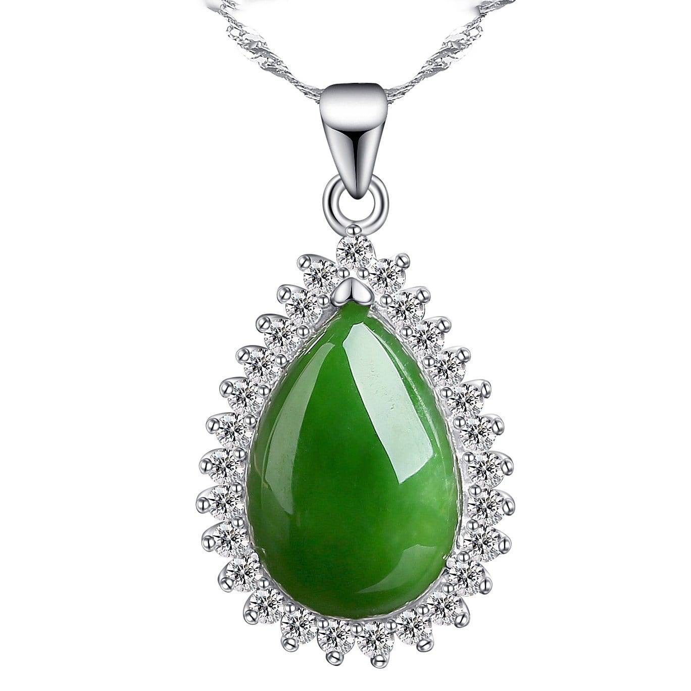 Baikalla Jewelry Jade Pendant Genuine Green Nephrite Jade Pendant Necklace Tear Drop with Zircon Halo