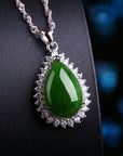 Baikalla Jewelry Jade Pendant Genuine Green Nephrite Jade Pendant Necklace Tear Drop with Zircon Halo