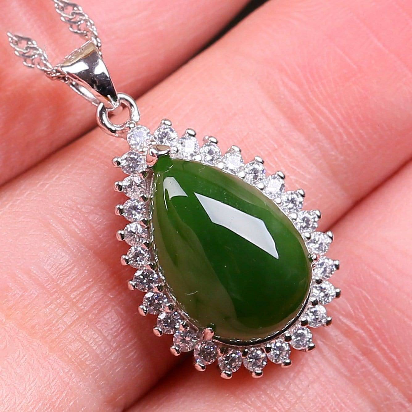 Baikalla Jewelry Jade Pendant Genuine Green Nephrite Jade Pendant Necklace Tear Drop with Zircon Halo