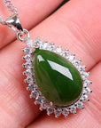 Baikalla Jewelry Jade Pendant Genuine Green Nephrite Jade Pendant Necklace Tear Drop with Zircon Halo