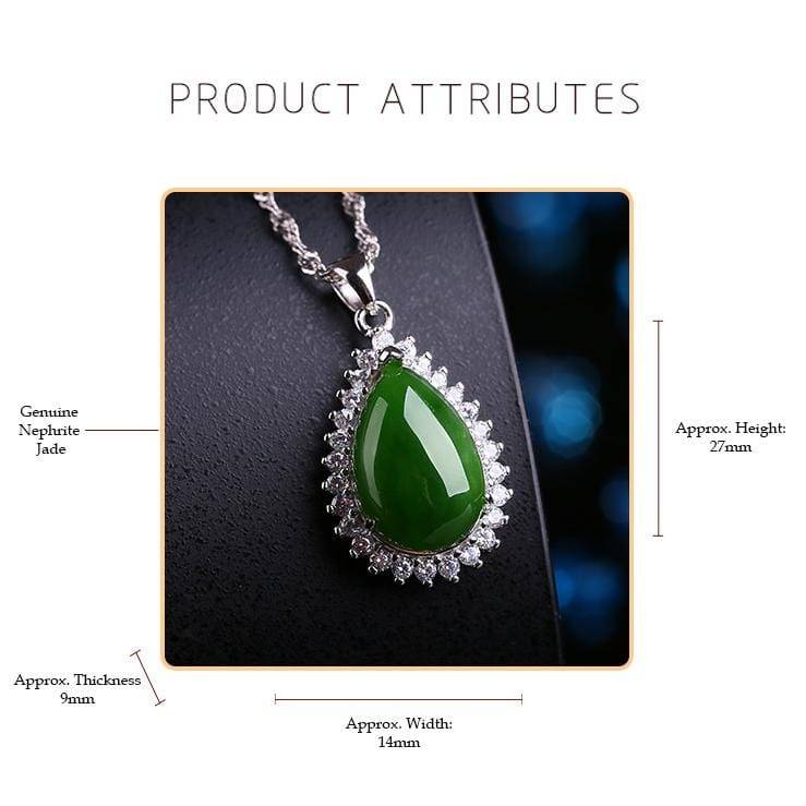 Baikalla Jewelry Jade Pendant Genuine Green Nephrite Jade Pendant Necklace Tear Drop with Zircon Halo