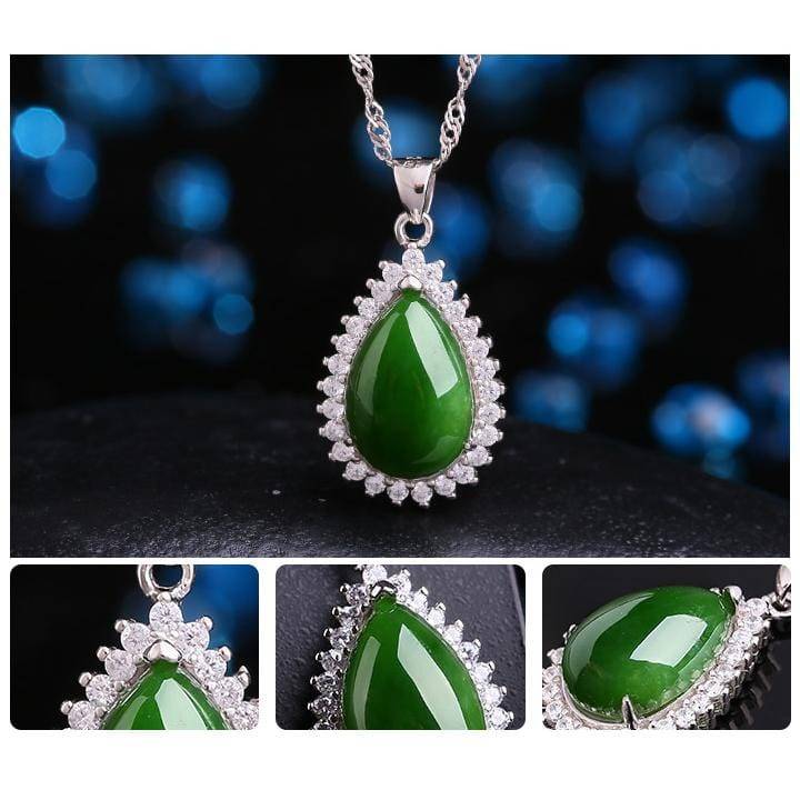 Baikalla Jewelry Jade Pendant Genuine Green Nephrite Jade Pendant Necklace Tear Drop with Zircon Halo