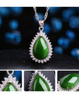 Baikalla Jewelry Jade Pendant Genuine Green Nephrite Jade Pendant Necklace Tear Drop with Zircon Halo