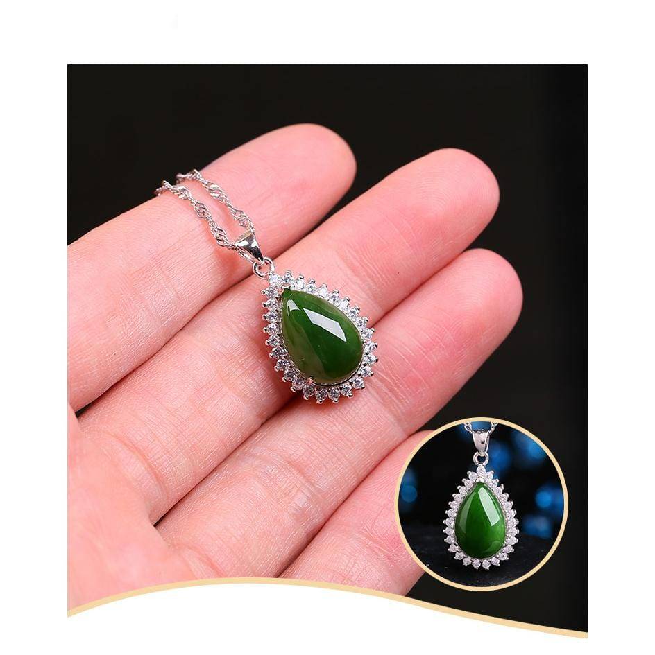 Baikalla Jewelry Jade Pendant Genuine Green Nephrite Jade Pendant Necklace Tear Drop with Zircon Halo