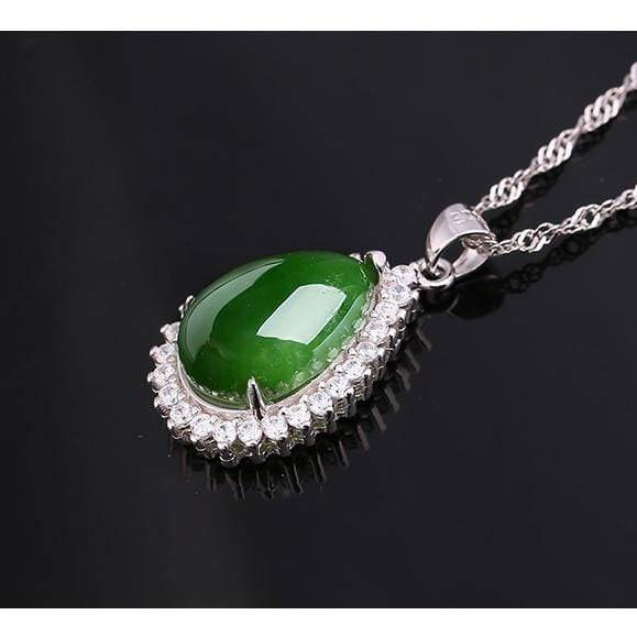 Baikalla Jewelry Jade Pendant Genuine Green Nephrite Jade Pendant Necklace Tear Drop with Zircon Halo