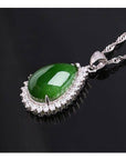 Baikalla Jewelry Jade Pendant Genuine Green Nephrite Jade Pendant Necklace Tear Drop with Zircon Halo