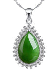 Baikalla Jewelry Jade Pendant Genuine Green Nephrite Jade Pendant Necklace Tear Drop with Zircon Halo